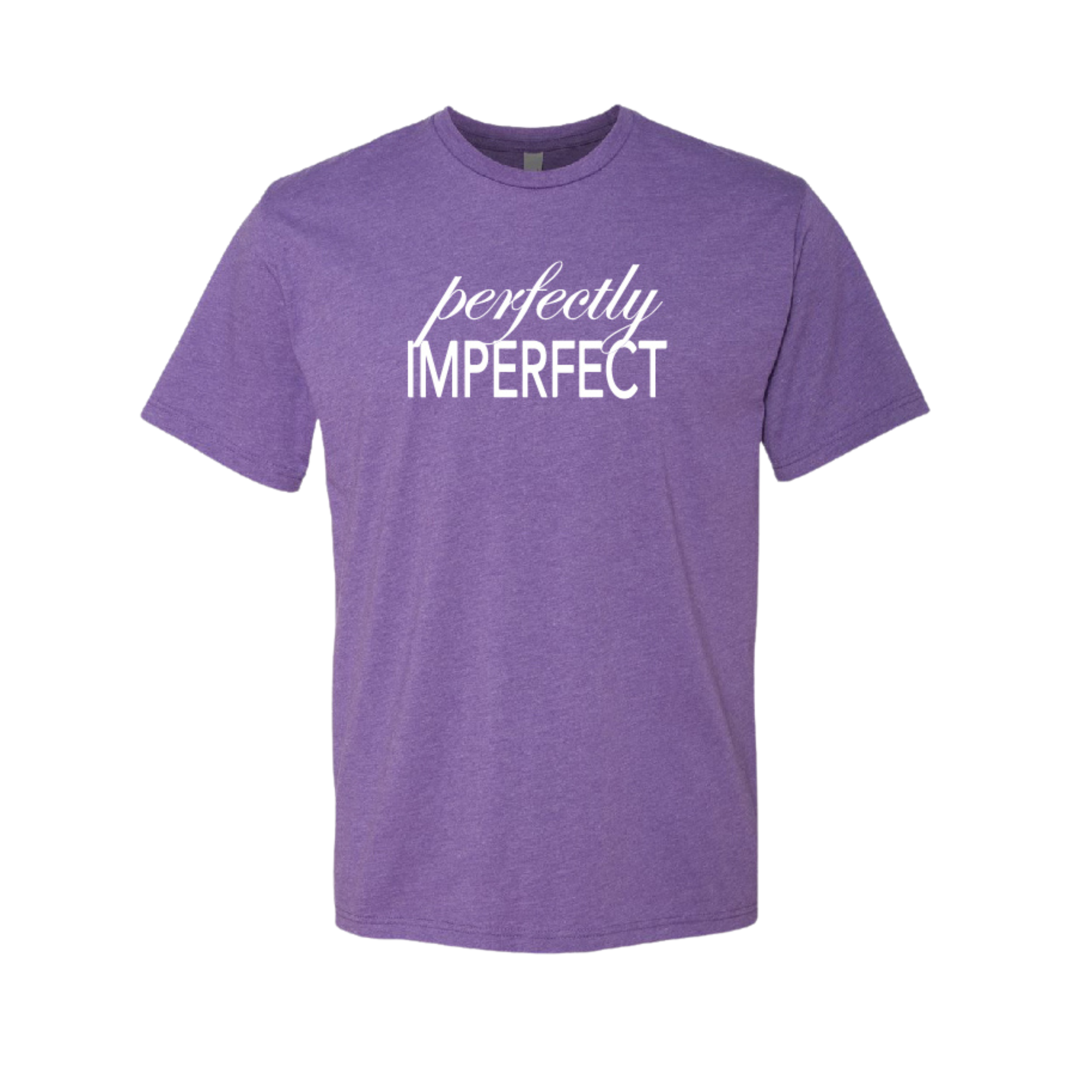 Purple Perfectly Imperfect T-shirt is a solid purple tee with Perfectly Imperfect printed across the chest of the tee in white.